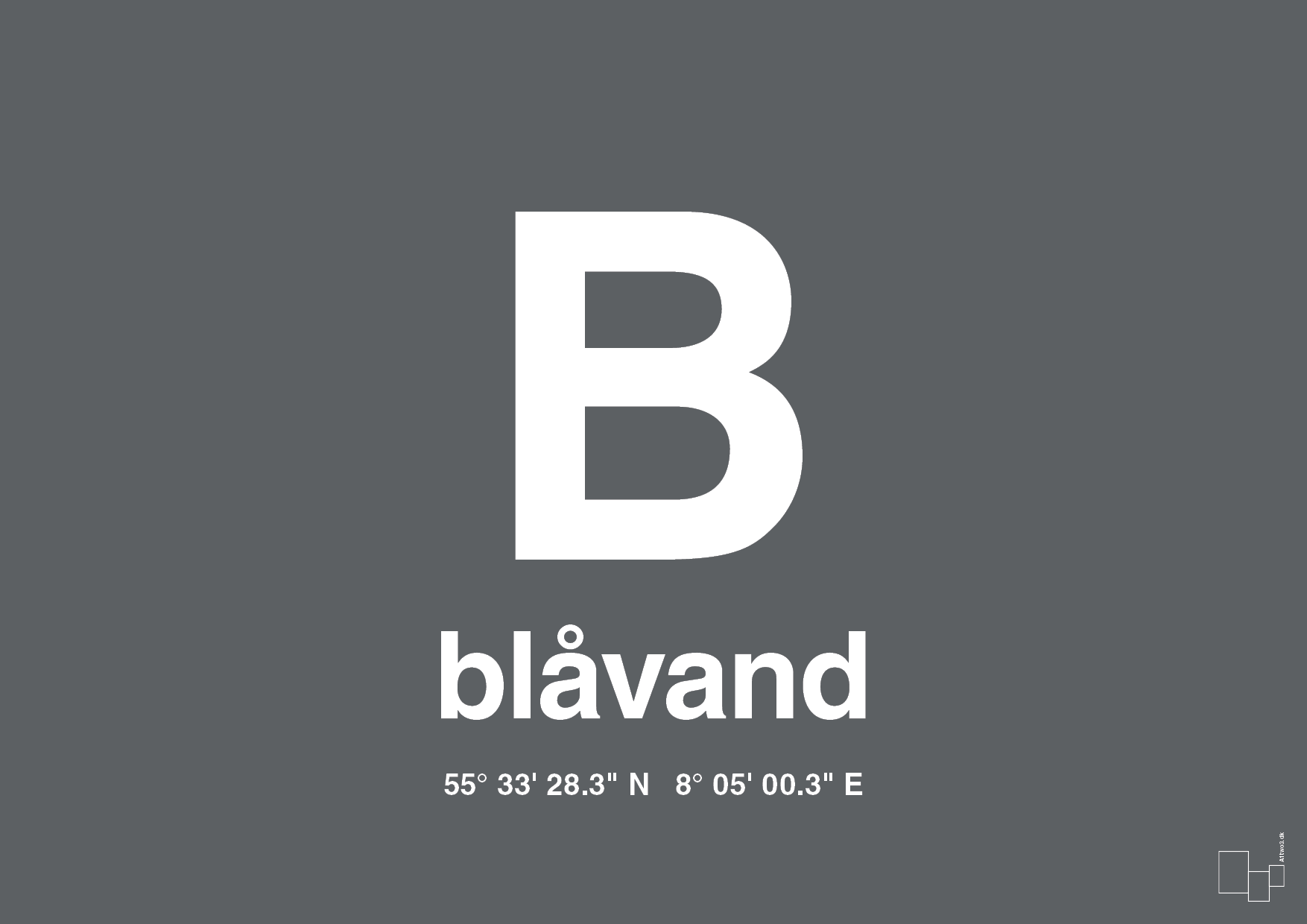 plakat: byplakat blåvand med koordinater - graphic charcoal-Byer-A1two3