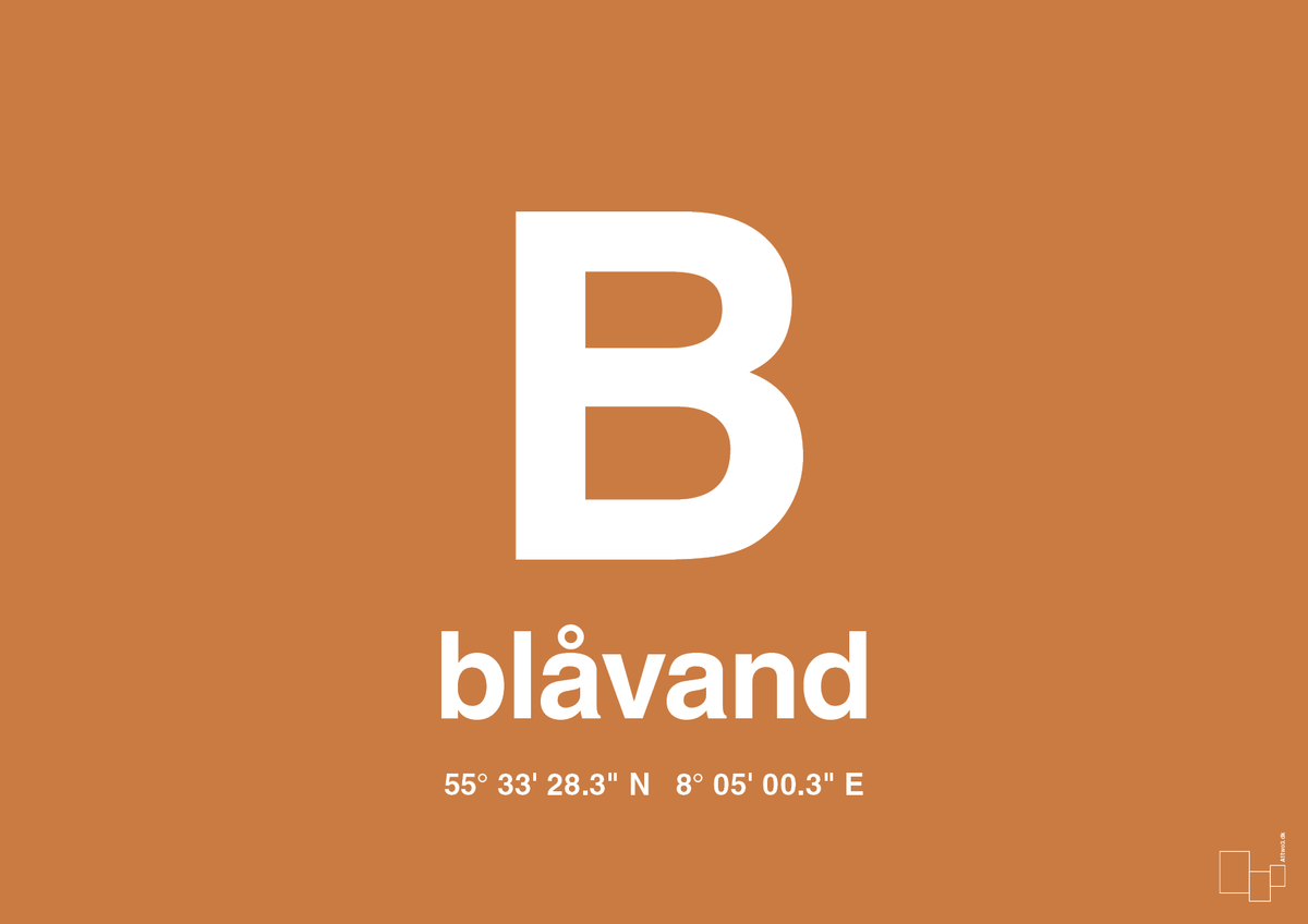 plakat: byplakat blåvand med koordinater - rumba orange-Byer-A1two3