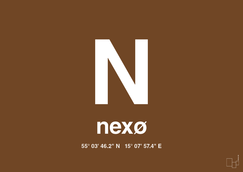 plakat: byplakat nexø med koordinater - dark brown-Byer-A1two3