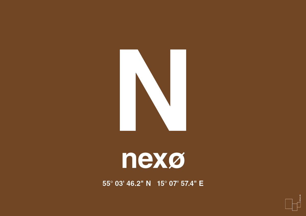 plakat: byplakat nexø med koordinater - dark brown-Byer-A1two3