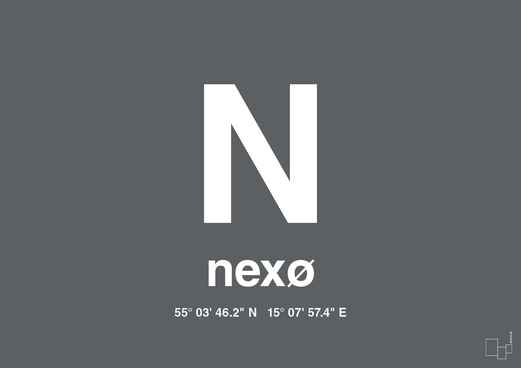 plakat: byplakat nexø med koordinater - graphic charcoal-Byer-A1two3