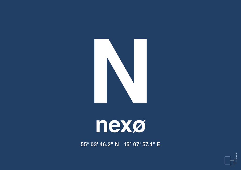 plakat: byplakat nexø med koordinater - lapis blue-Byer-A1two3