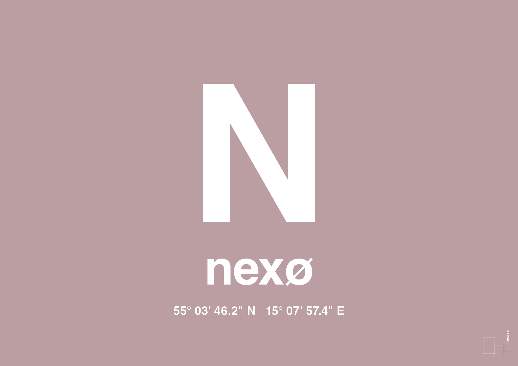 plakat: byplakat nexø med koordinater - light rose-Byer-A1two3