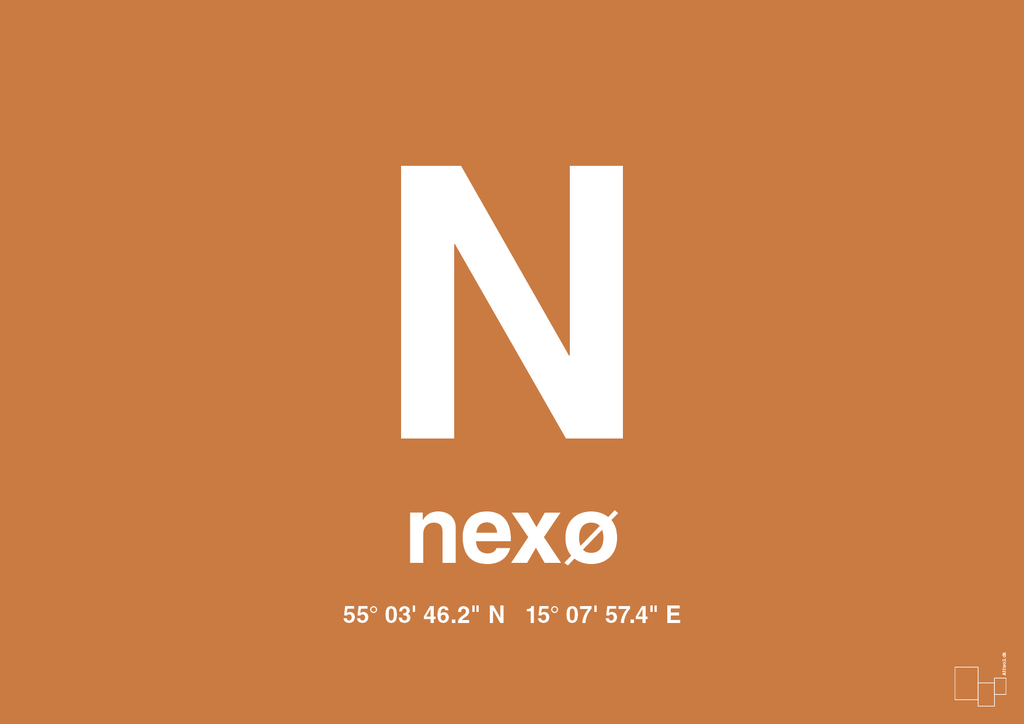 plakat: byplakat nexø med koordinater - rumba orange-Byer-A1two3