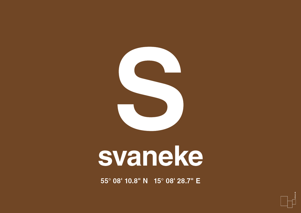 plakat: byplakat svaneke med koordinater - dark brown-Byer-A1two3