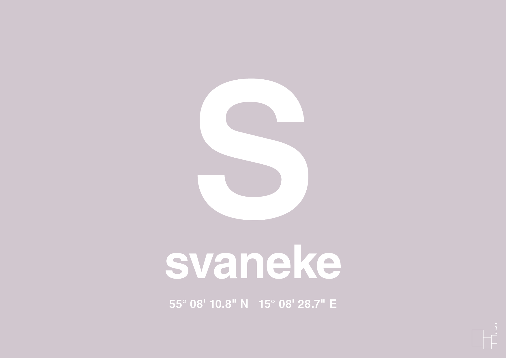 plakat: byplakat svaneke med koordinater - dusty lilac-Byer-A1two3