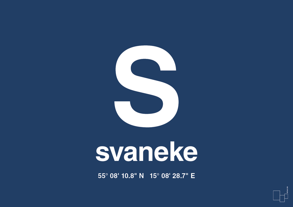 plakat: byplakat svaneke med koordinater - lapis blue-Byer-A1two3