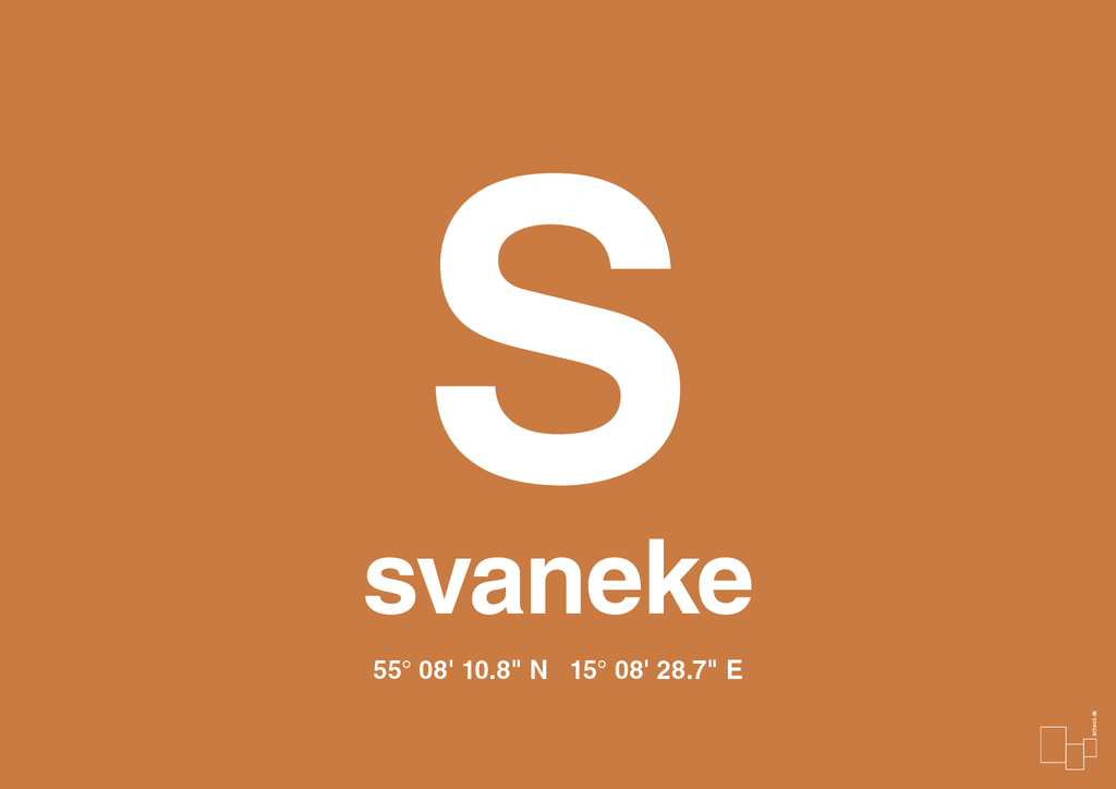 plakat: byplakat svaneke med koordinater - rumba orange-Byer-A1two3
