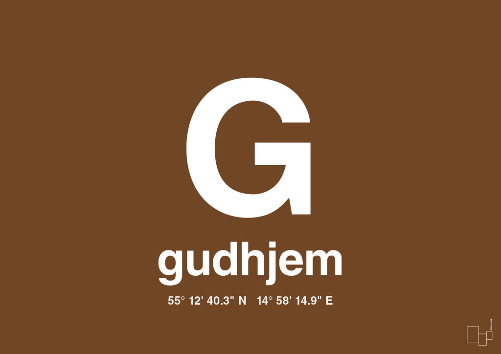 plakat: byplakat gudhjem med koordinater - dark brown-Byer-A1two3