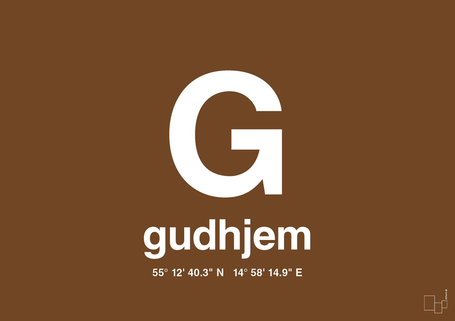 plakat: byplakat gudhjem med koordinater - dark brown-Byer-A1two3