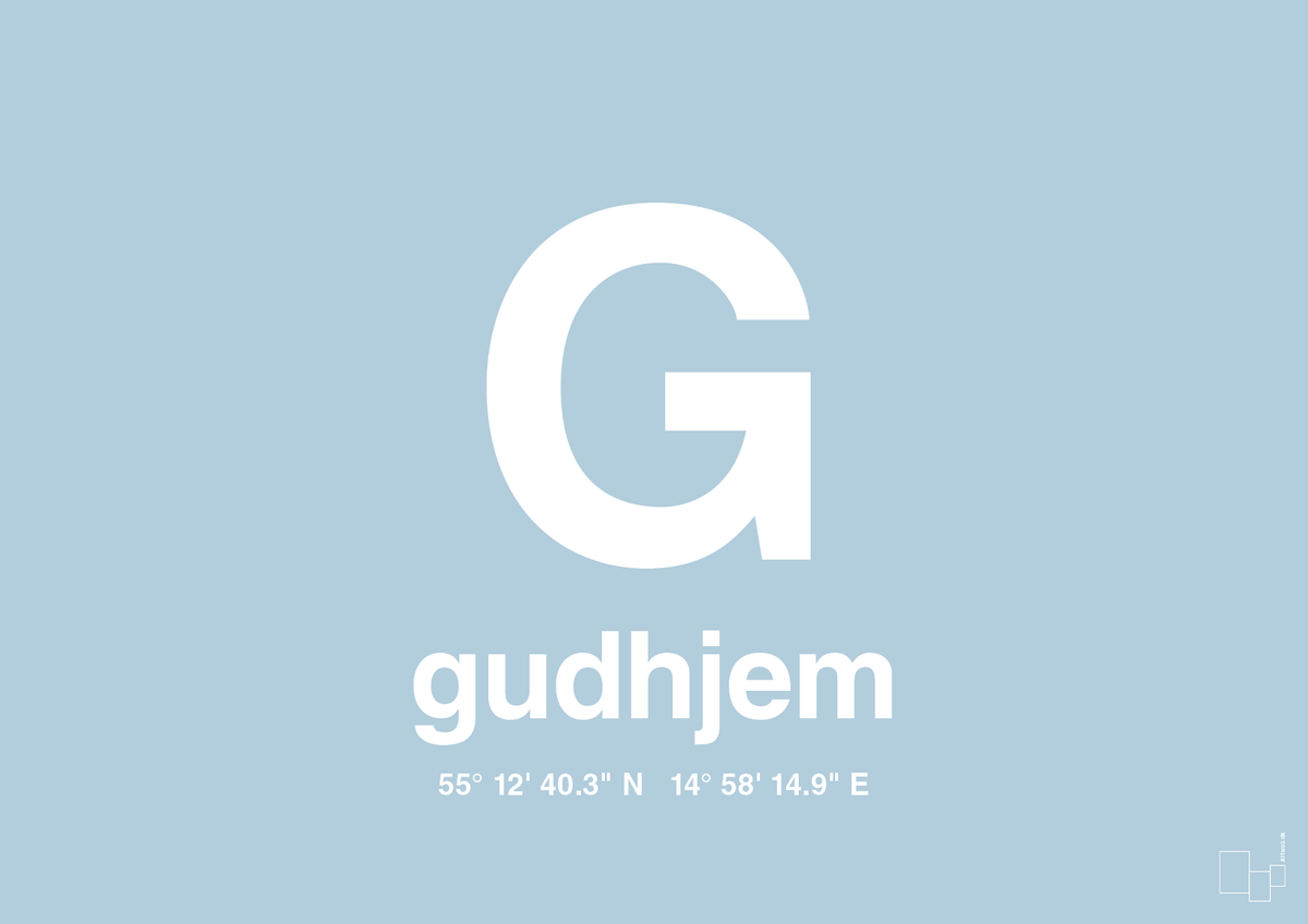 plakat: byplakat gudhjem med koordinater - heavenly blue-Byer-A1two3