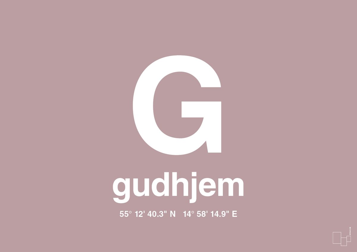 plakat: byplakat gudhjem med koordinater - light rose-Byer-A1two3