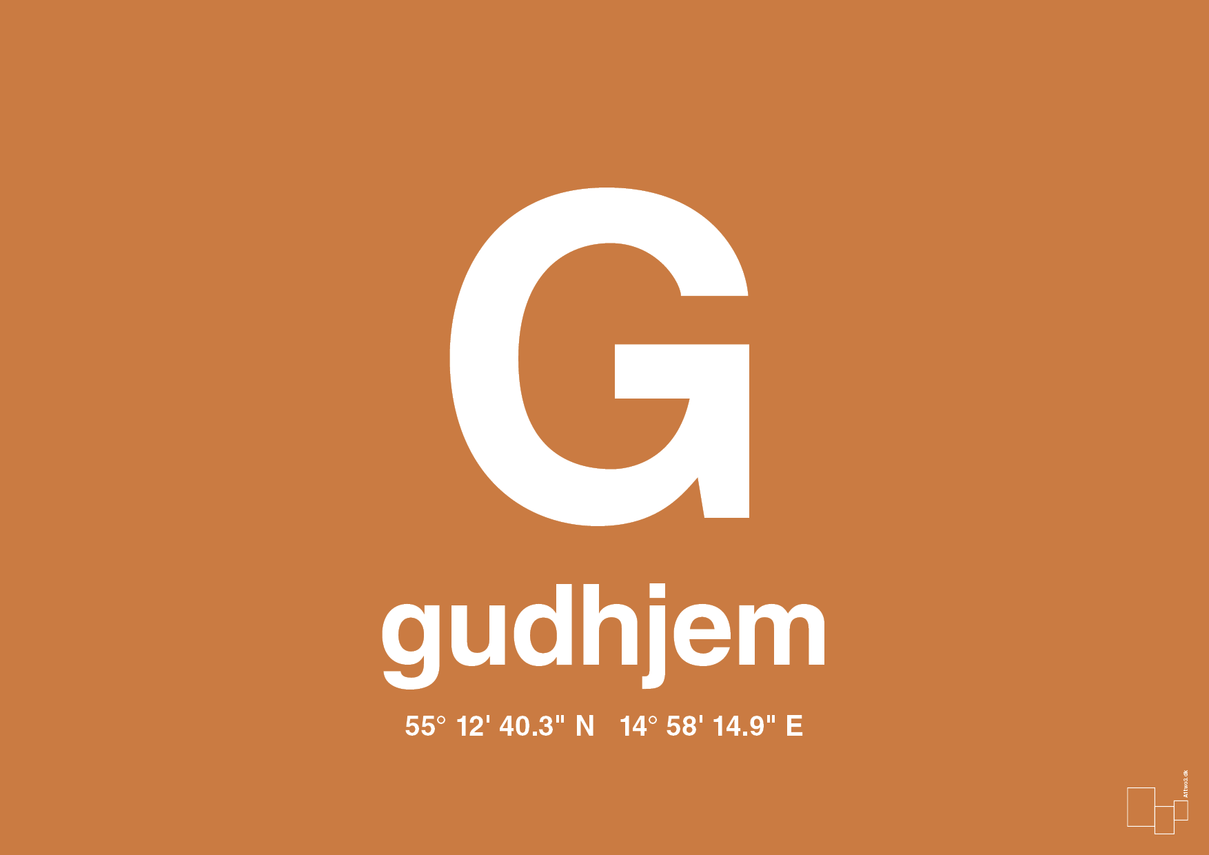 plakat: byplakat gudhjem med koordinater - rumba orange-Byer-A1two3