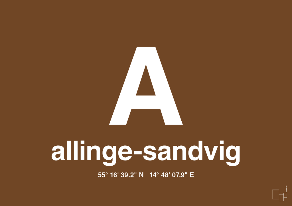 plakat: byplakat allinge-sandvig med koordinater - dark brown-Byer-A1two3