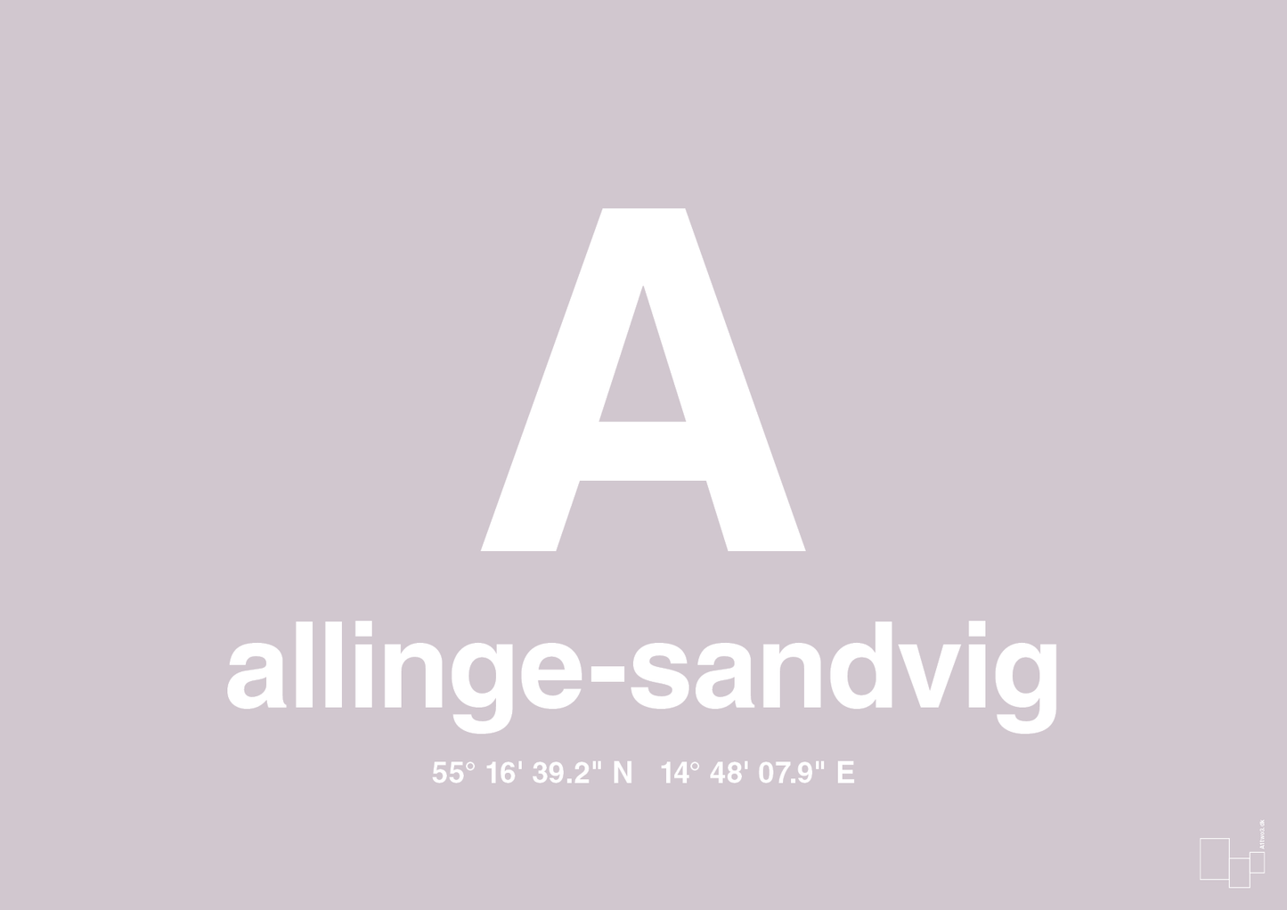 plakat: byplakat allinge-sandvig med koordinater - dusty lilac-Byer-A1two3