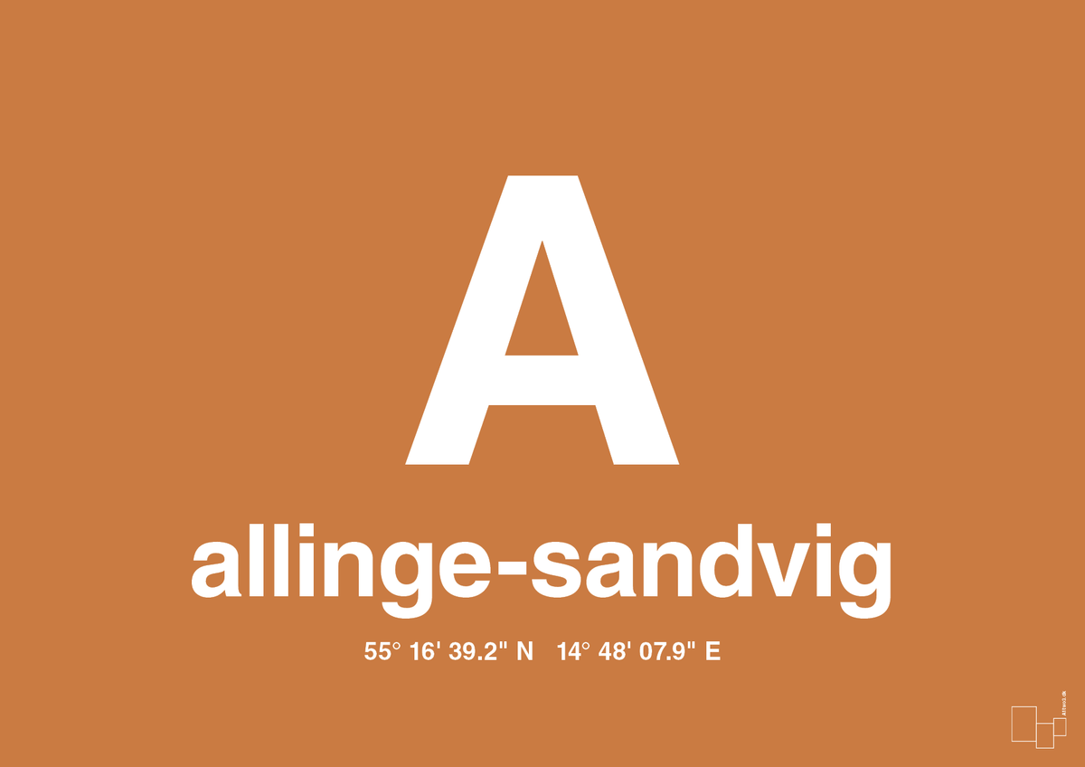 plakat: byplakat allinge-sandvig med koordinater - rumba orange-Byer-A1two3