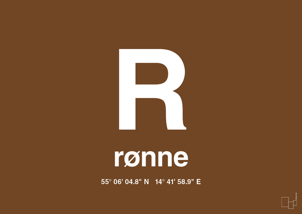 plakat: byplakat rønne med koordinater - dark brown-Byer-A1two3