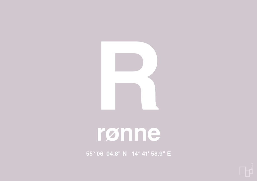 plakat: byplakat rønne med koordinater - dusty lilac-Byer-A1two3