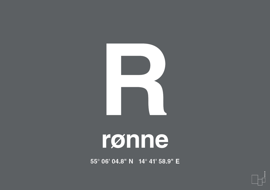plakat: byplakat rønne med koordinater - graphic charcoal-Byer-A1two3