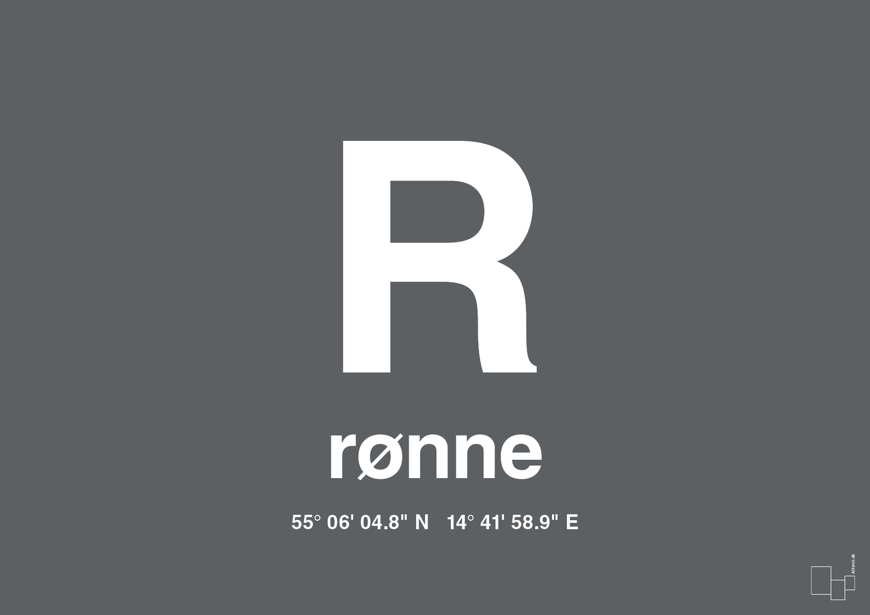 plakat: byplakat rønne med koordinater - graphic charcoal-Byer-A1two3