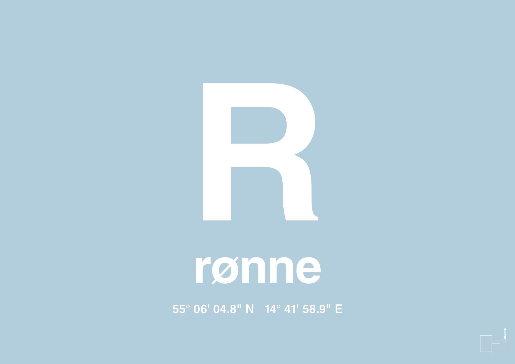 plakat: byplakat rønne med koordinater - heavenly blue-Byer-A1two3