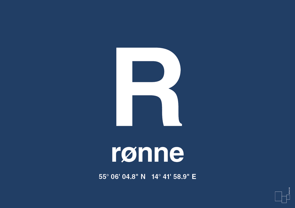 plakat: byplakat rønne med koordinater - lapis blue-Byer-A1two3