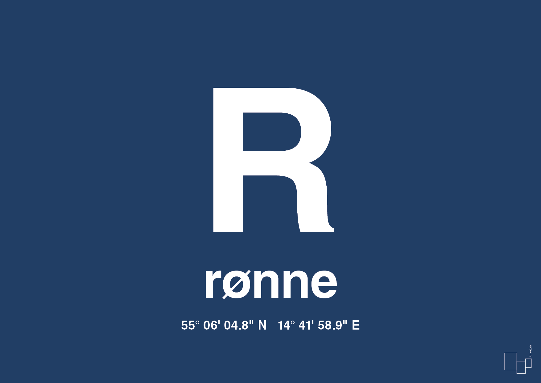 plakat: byplakat rønne med koordinater - lapis blue-Byer-A1two3