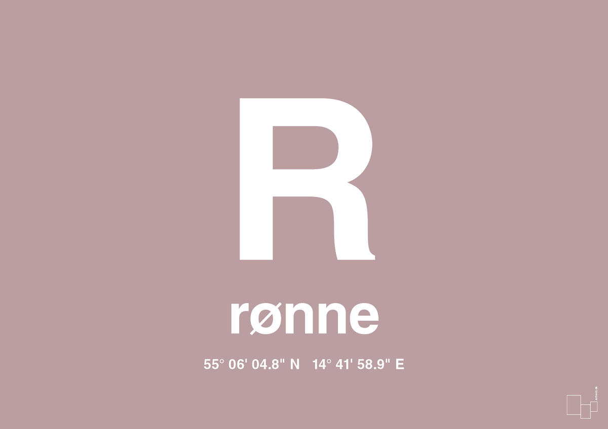 plakat: byplakat rønne med koordinater - light rose-Byer-A1two3