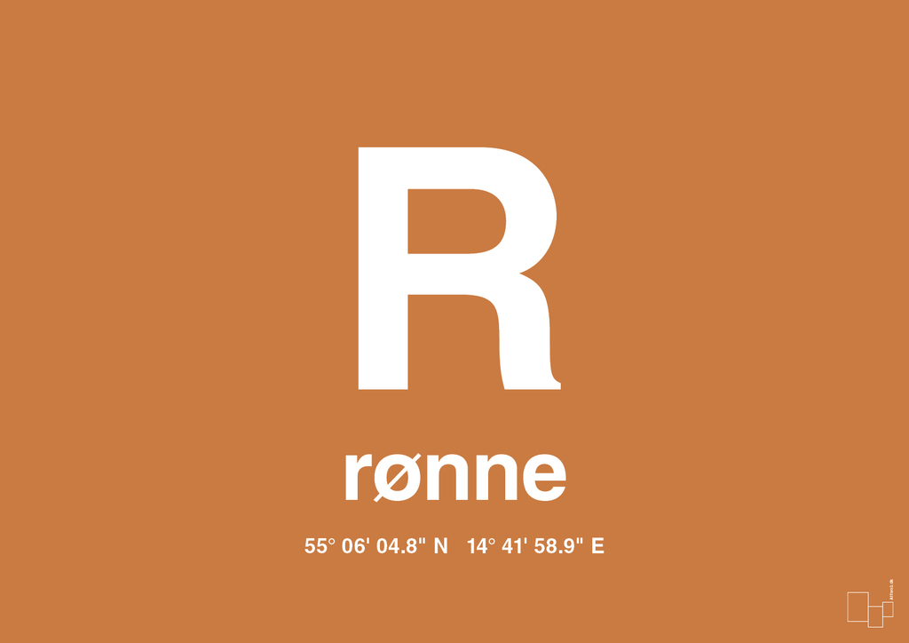 plakat: byplakat rønne med koordinater - rumba orange-Byer-A1two3