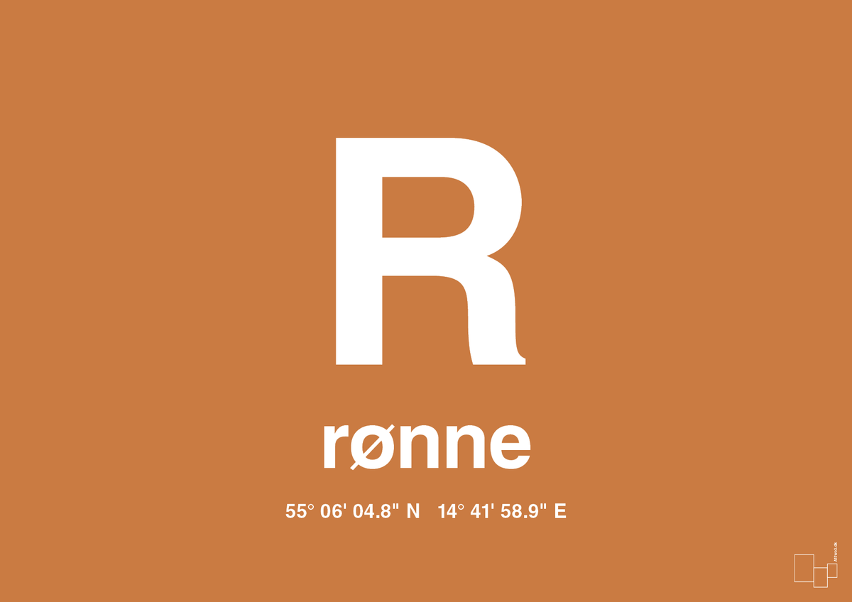 plakat: byplakat rønne med koordinater - rumba orange-Byer-A1two3