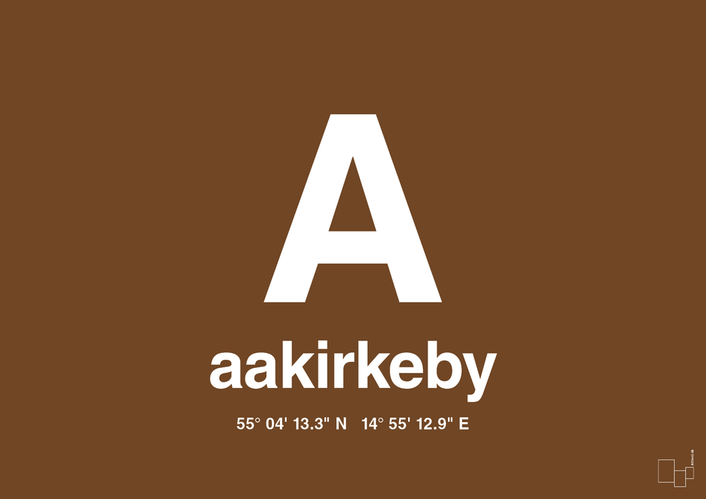 plakat: byplakat aakirkeby med koordinater - dark brown-Byer-A1two3