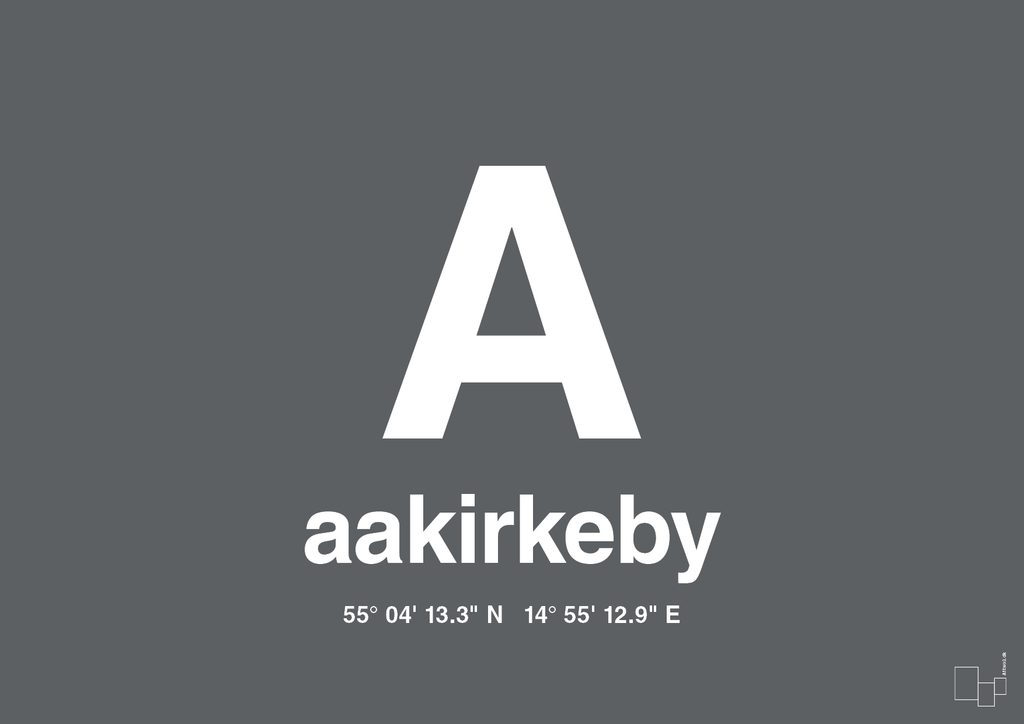 plakat: byplakat aakirkeby med koordinater - graphic charcoal-Byer-A1two3