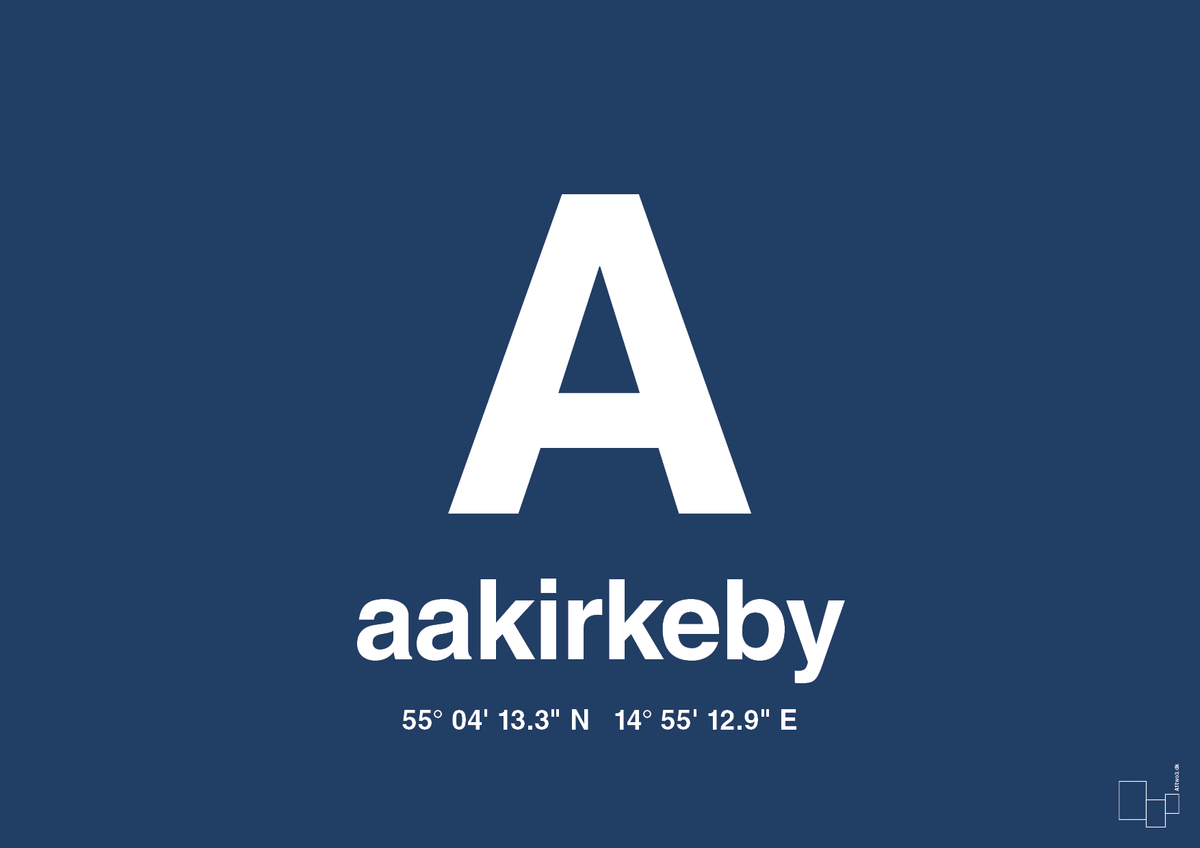 plakat: byplakat aakirkeby med koordinater - lapis blue-Byer-A1two3