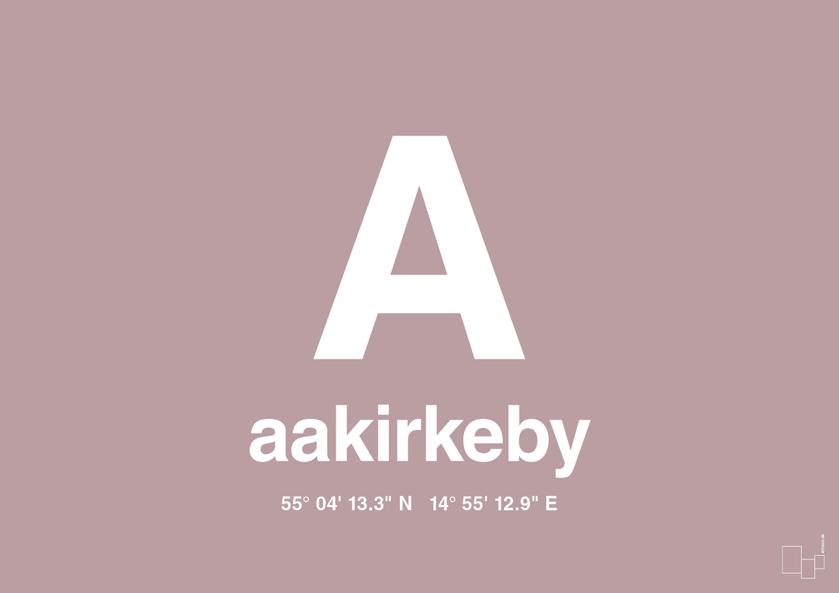 plakat: byplakat aakirkeby med koordinater - light rose-Byer-A1two3