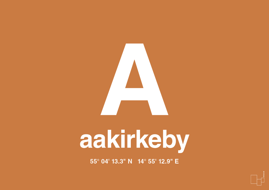 plakat: byplakat aakirkeby med koordinater - rumba orange-Byer-A1two3