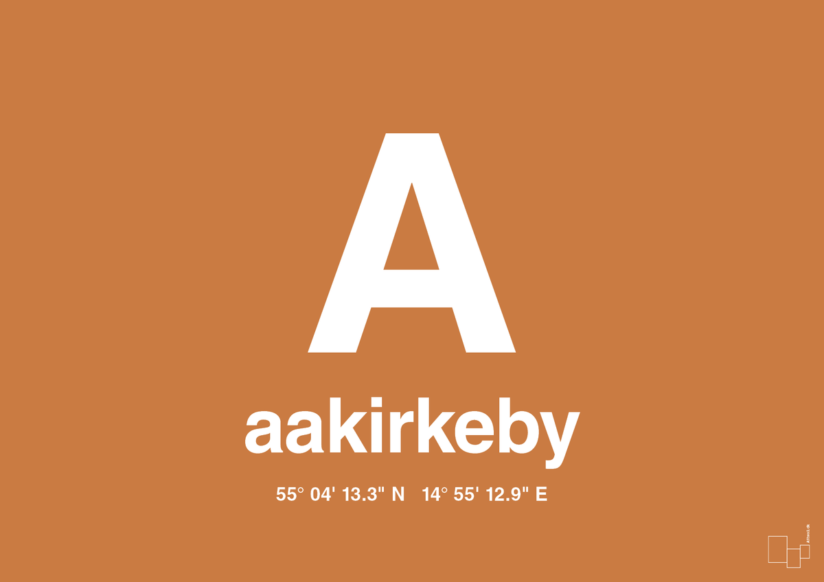 plakat: byplakat aakirkeby med koordinater - rumba orange-Byer-A1two3