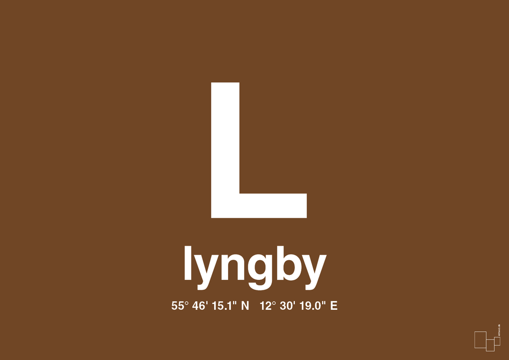 plakat: byplakat lyngby med koordinater - dark brown-Byer-A1two3