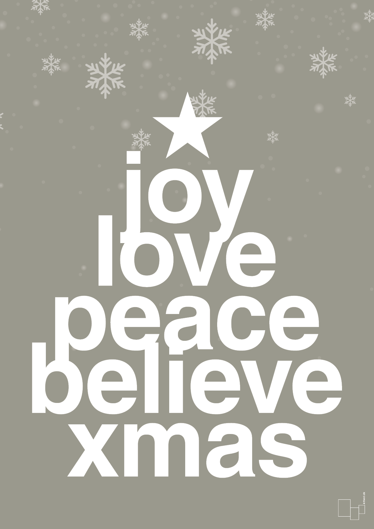 plakat: joy love peace belive xmas - battleship gray-Jul-A1two3