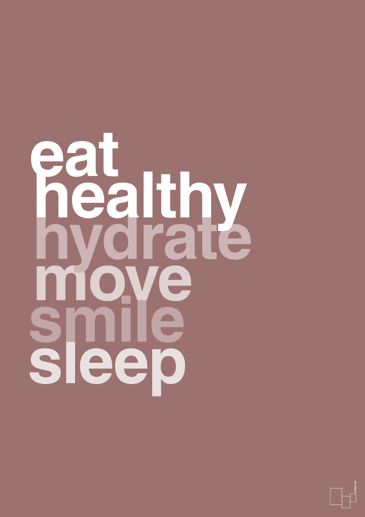plakat: eat healthy hydrate move smile sleep - plum-Sundhed-A1two3