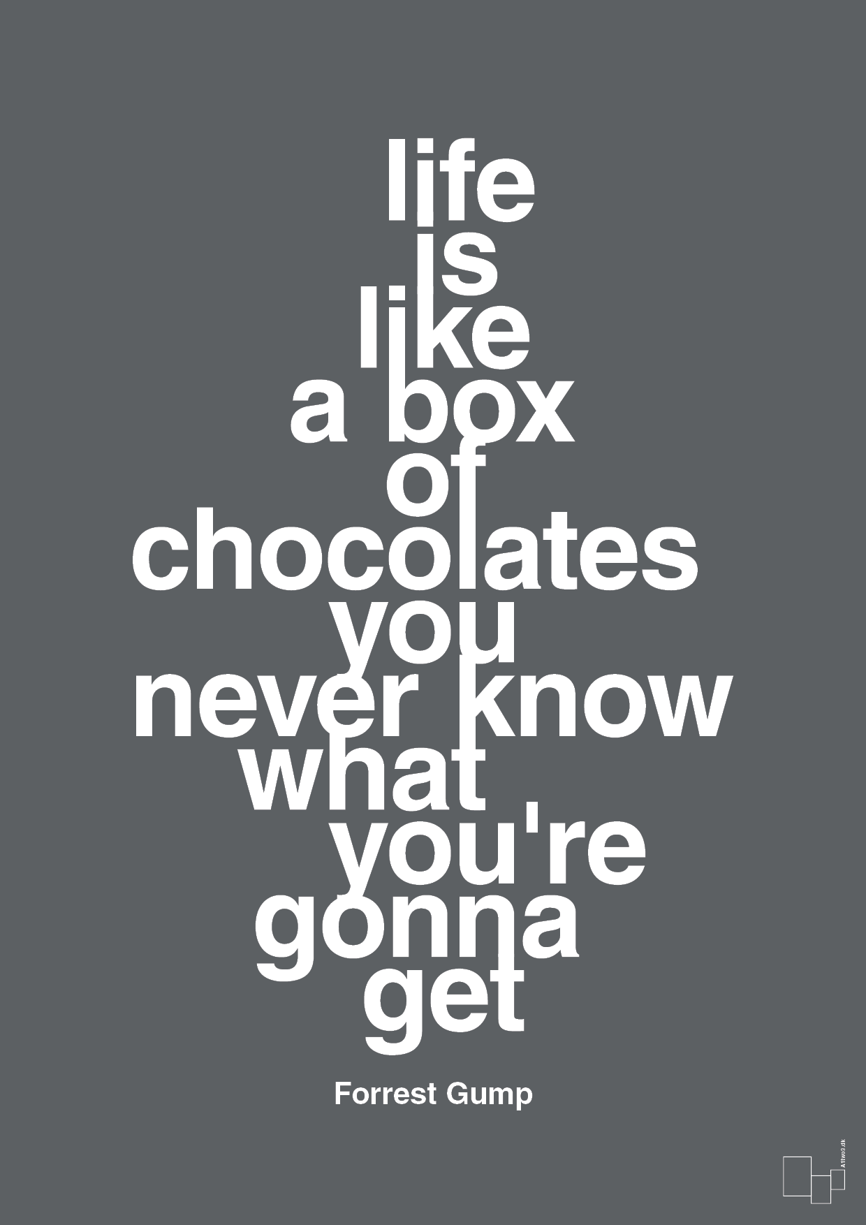 life is like a box of chocolates you never know what you're gonna get - Plakat med Citater i Graphic Charcoal