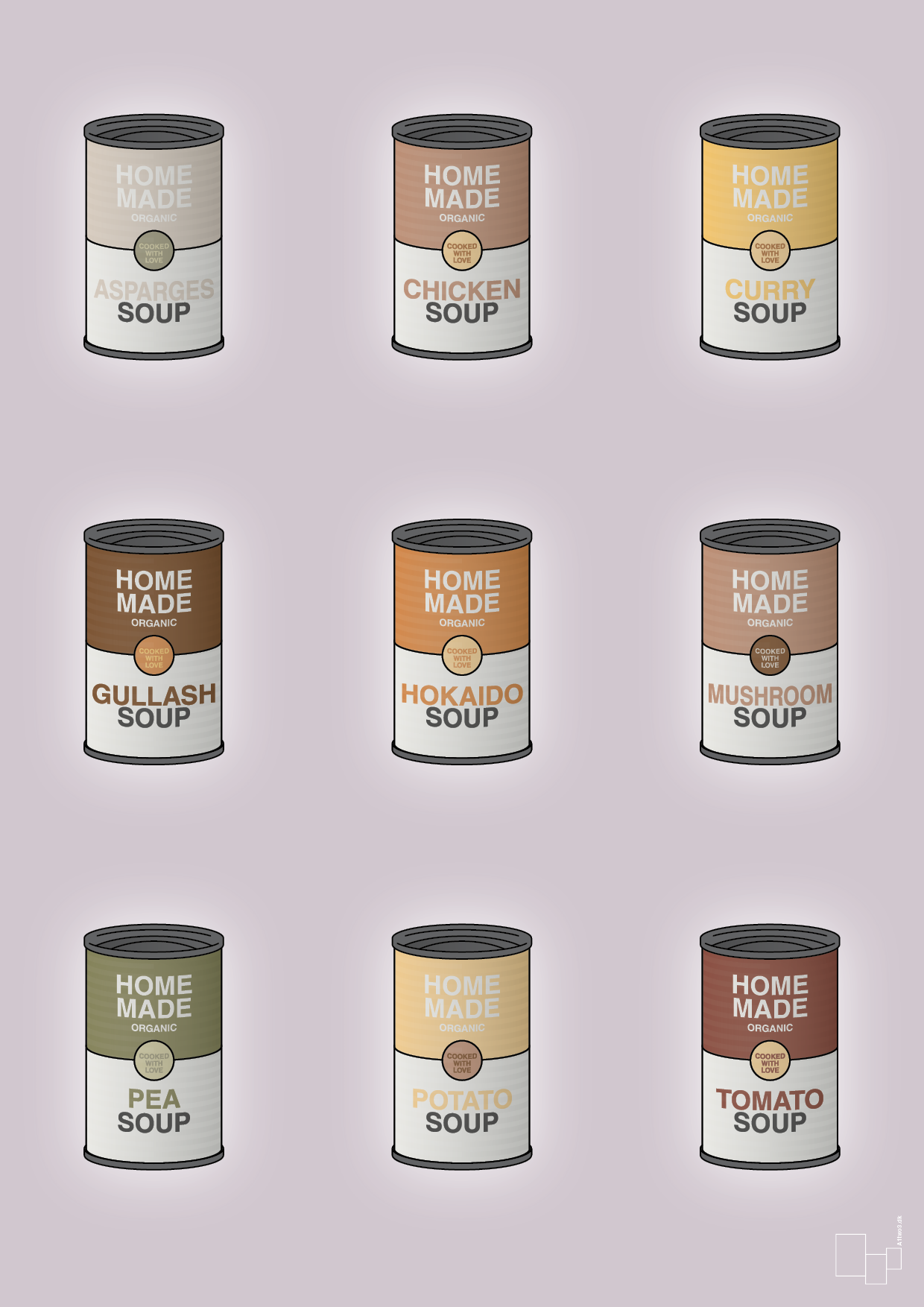 forskellige dåser med soup - Plakat med Mad & Drikke i Dusty Lilac
